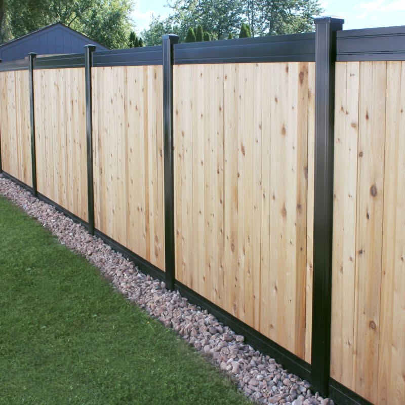 Cedar privacy fence with black aluminum posts and frame